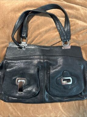 Classic Black Leather Shoulder Bag with Front Buckle Pockets